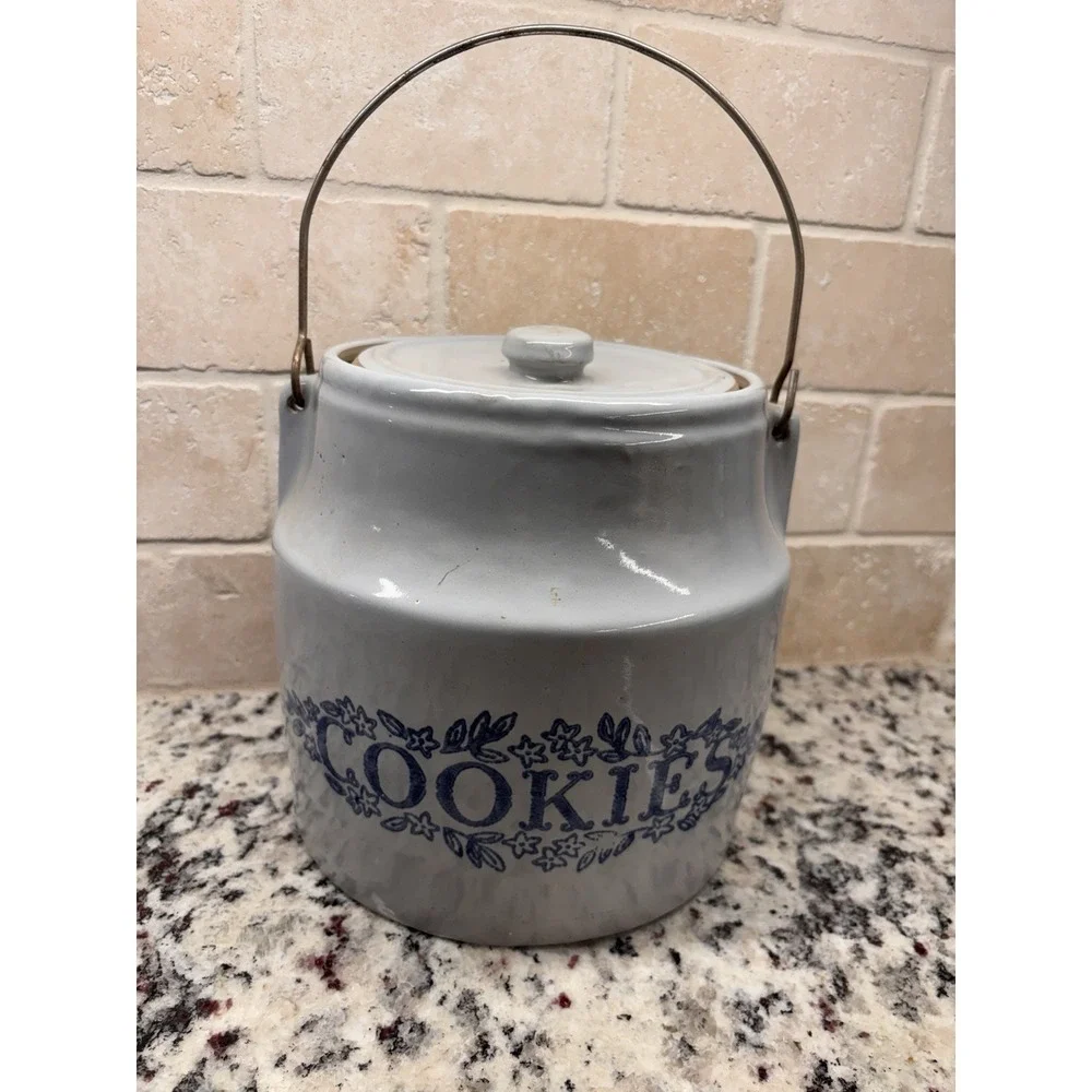 Vintage Monmouth Cookie Jar Stoneware Pottery With Lid & Bail Handle Made In USA
